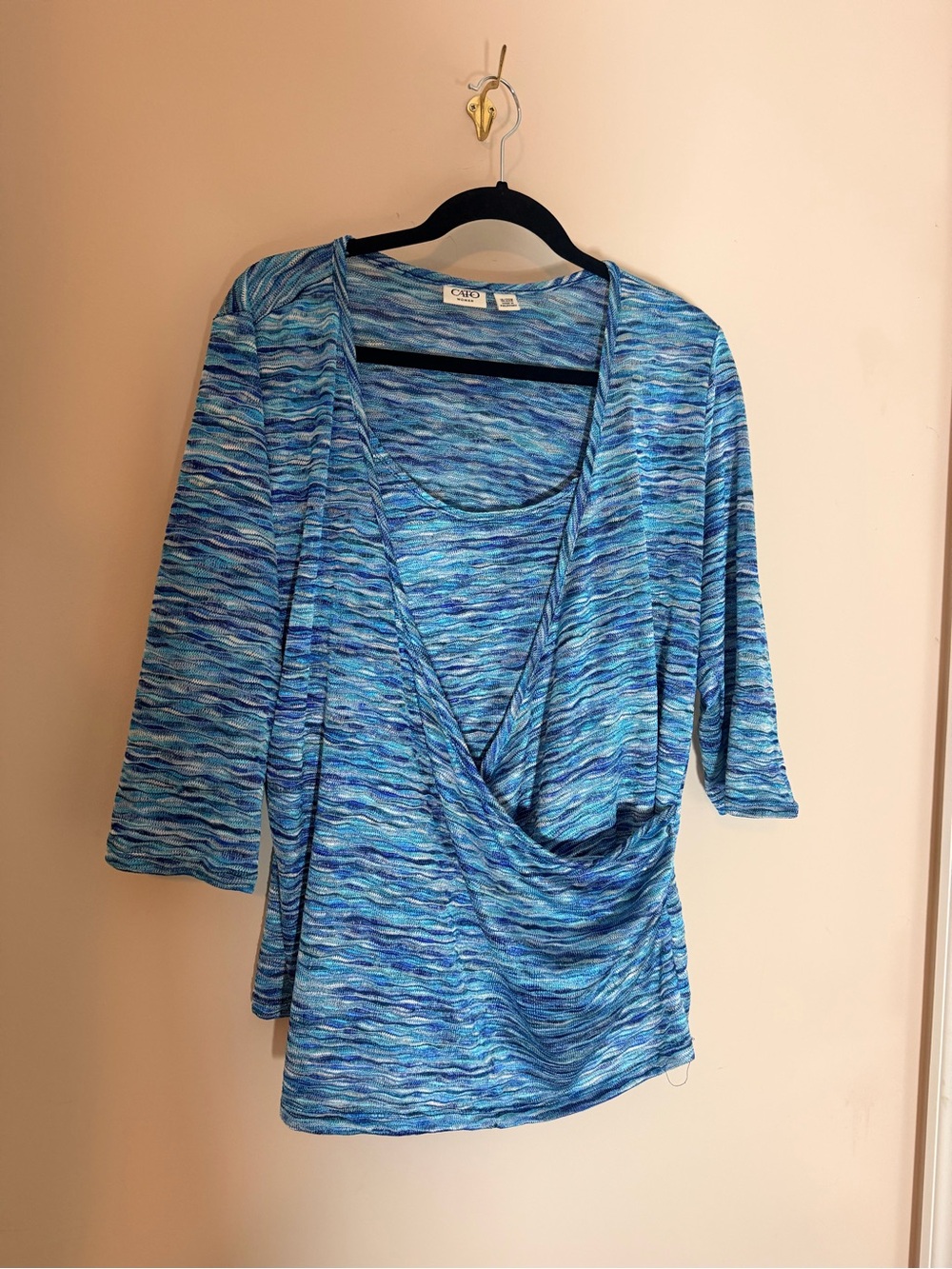 Cato Blue Multi-Tone Striped Wrap-Front Blouse